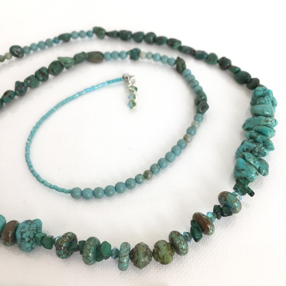 Turquoise Nugget Southwestern Necklace Long Single Strand Beaded Handmade - Picture 1 of 16